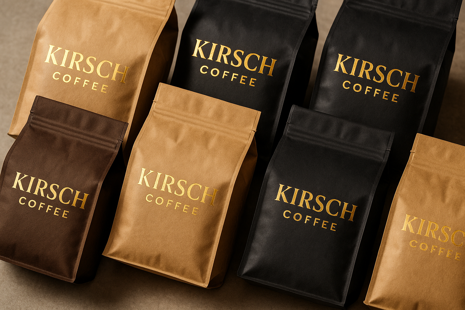 kirsch coffee bags, brown and black, gold letters. realistic